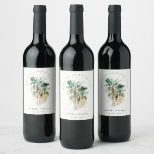 Elegant Tropical Watercolor Palm Trees Wedding Wine Label