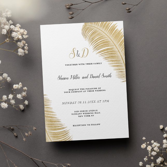 Elegant tropical white and gold leaves wedding invitation (Elegant tropical white and gold leaves wedding)