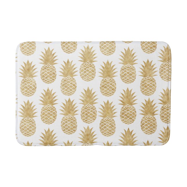 Elegant Tropical White Gold Pineapple Pattern Bath Mat (Front)