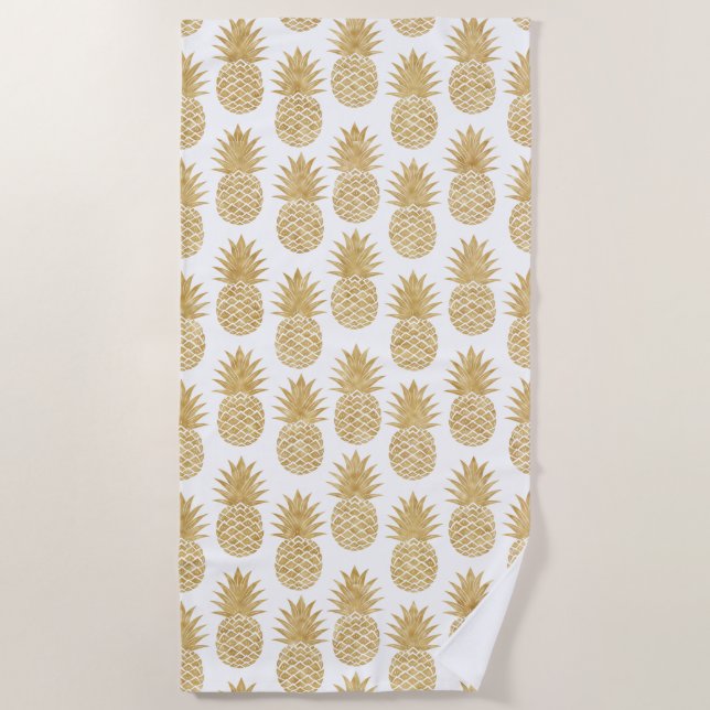 Elegant Tropical White Gold Pineapple Pattern Beach Towel (Front)