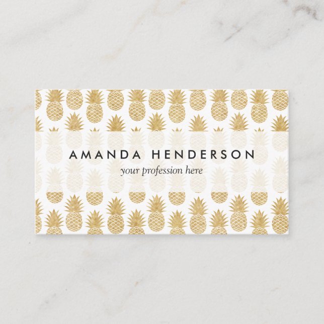 Elegant Tropical White Gold Pineapple Pattern Business Card (Front)