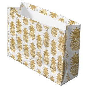 Elegant Tropical White Gold Pineapple Pattern Large Gift Bag