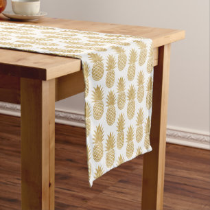 Elegant Tropical White Gold Pineapple Pattern Short Table Runner