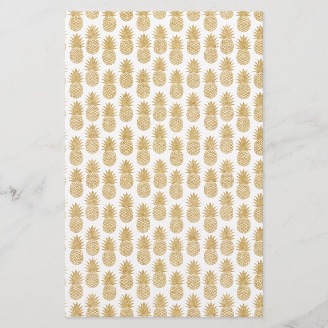 Elegant Tropical White Gold Pineapple Pattern Stationery (Front)