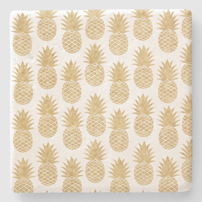 Elegant Tropical White Gold Pineapple Pattern Stone Coaster (Front)