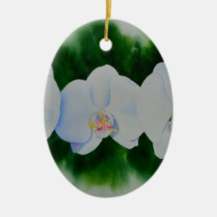 Elegant tropical white watercolor orchid painting ceramic ornament