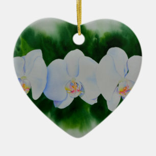Elegant tropical white watercolor orchid painting ceramic ornament