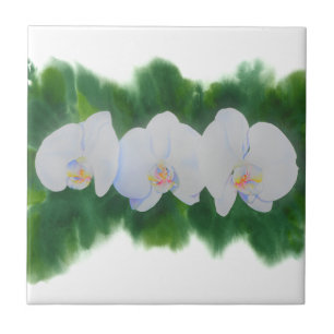 Elegant tropical white watercolor orchid painting ceramic tile