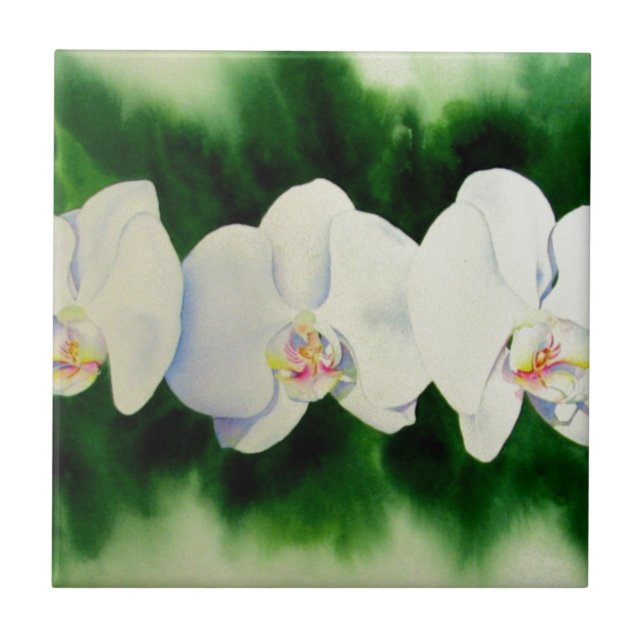Elegant tropical white watercolor orchid painting  ceramic tile (Front)