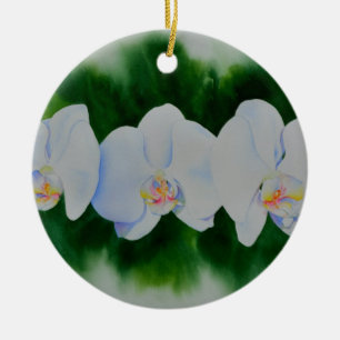 Elegant tropical white watercolor orchid painting ceramic tree decoration