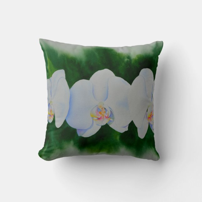 Elegant tropical white watercolor orchid painting  cushion (Front)