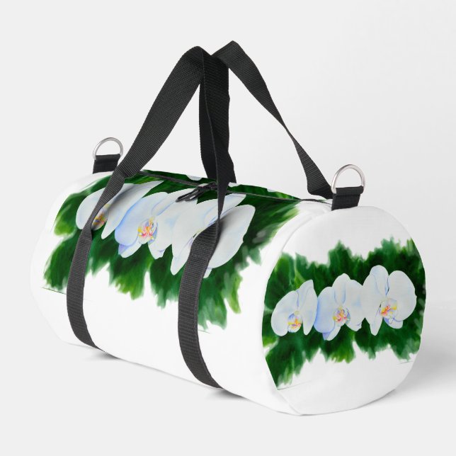 Elegant tropical white watercolor orchid painting  duffle bag (Left Corner)