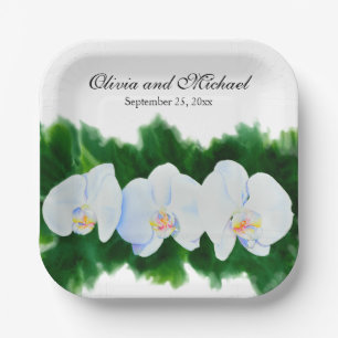 Elegant tropical white watercolor orchid painting  paper plate