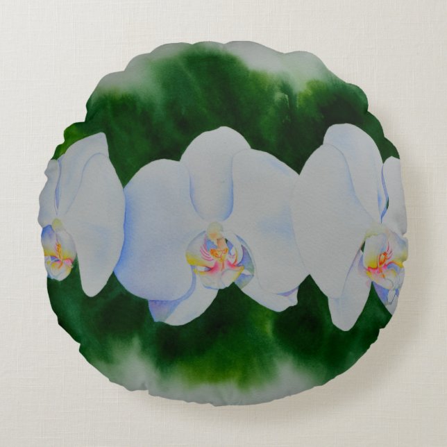 Elegant tropical white watercolor orchid painting  round cushion (Front)