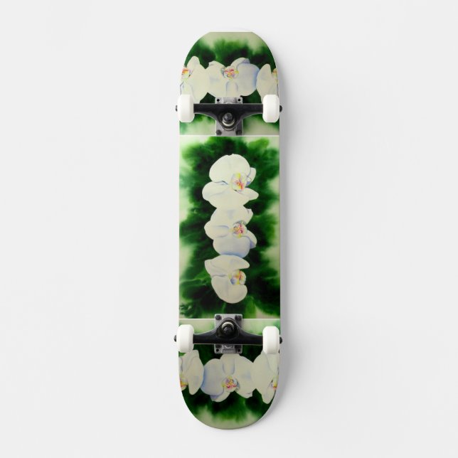 Elegant tropical white watercolor orchid painting  skateboard (Front)