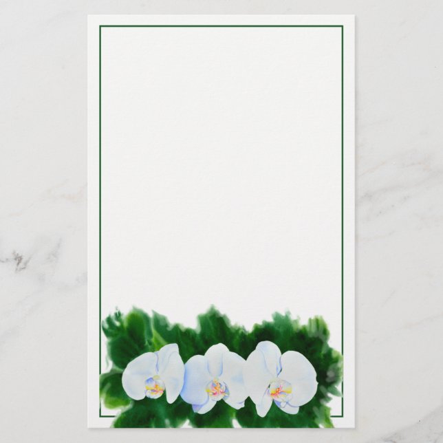 Elegant tropical white watercolor orchid painting  stationery (Front)