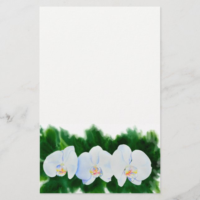 Elegant tropical white watercolor orchid painting  stationery (Front)