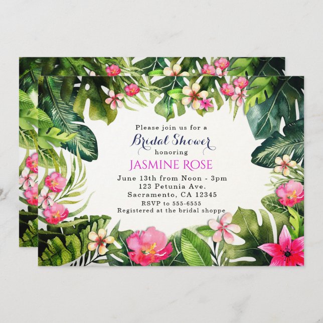 Elegant Tropics Green Leaves Floral Watercolor Invitation (Front/Back)