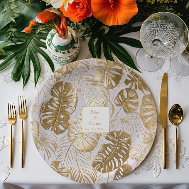 Elegant Tropics Monstera Gilded Gold Wedding Paper Plate (Creator Uploaded)