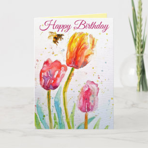 Elegant Tulip and Bee Watercolour Birthday Card