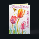 Elegant Tulip and Bee Watercolour Womans Name Card<br><div class="desc">Elegant Tulip and Bee Watercolour Birthday Card,  with a fully customizable name. Let this beautiful bird brighten your day! Designed from one of my original watercolors. Sure to put a smile on the receivers face.</div>