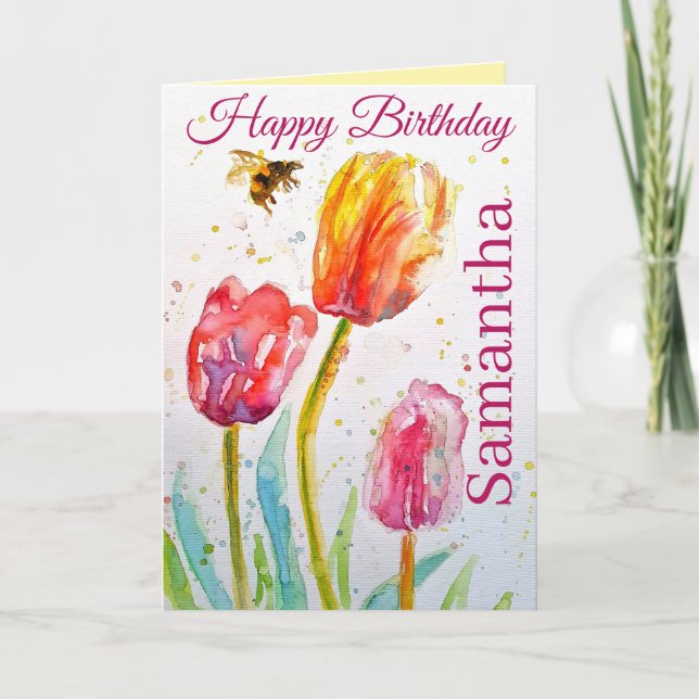 Elegant Tulip and Bee Watercolour Womans Name Card (Front)