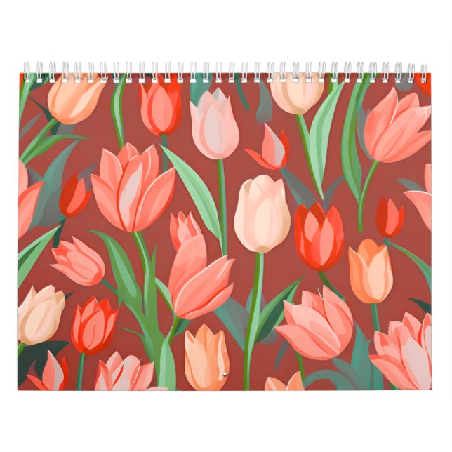 Elegant Tulip Floral Pattern – Red & Peach Spring  Calendar (Cover)