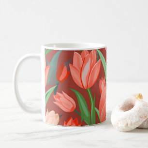 Elegant Tulip Floral Pattern – Red & Peach Spring Coffee Mug