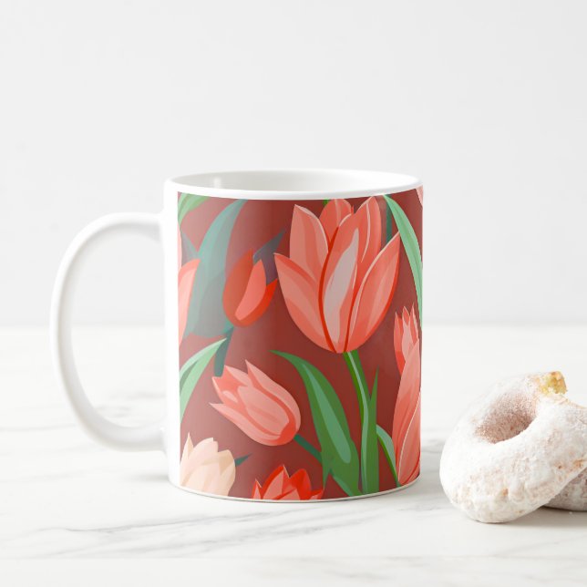 Elegant Tulip Floral Pattern – Red & Peach Spring  Coffee Mug (With Donut)
