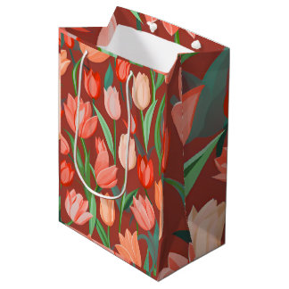 Elegant Tulip Floral Pattern – Red & Peach Spring Medium Gift Bag