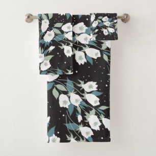 Elegant Tulip Flower Pattern Black Background Bath Towel Set