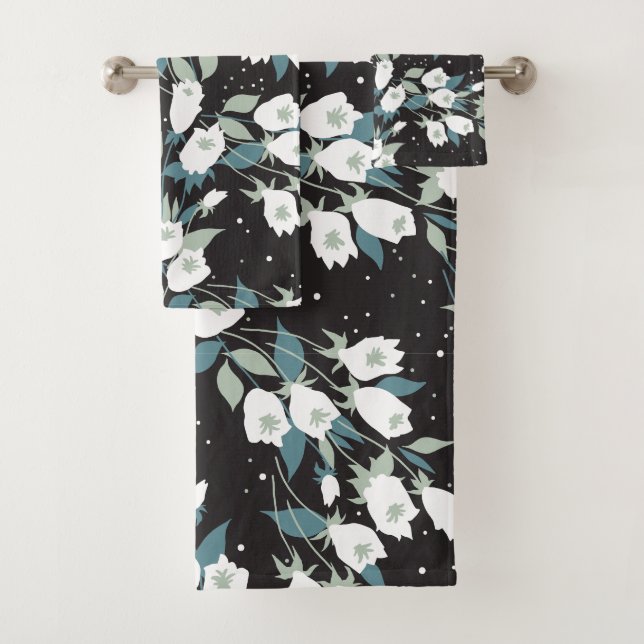 Elegant Tulip Flower Pattern Black Background Bath Towel Set (Insitu)