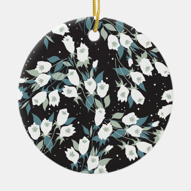 Elegant Tulip Flower Pattern Black Background Ceramic Ornament (Front)