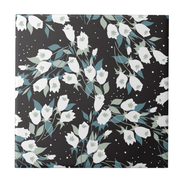 Elegant Tulip Flower Pattern Black Background Ceramic Tile (Front)