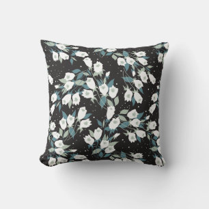 Elegant Tulip Flower Pattern Black Background Cushion