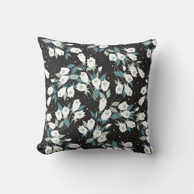 Elegant Tulip Flower Pattern Black Background Cushion (Front)