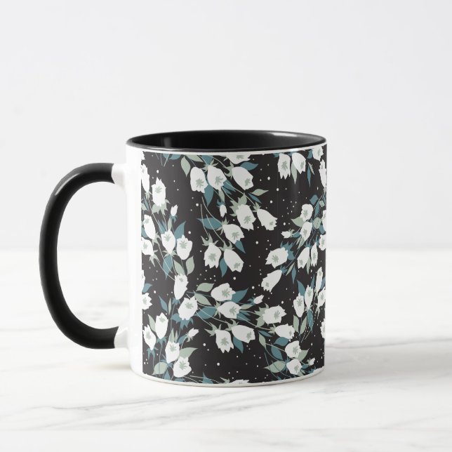 Elegant Tulip Flower Pattern Black Background Mug (Left)