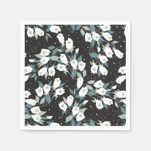 Elegant Tulip Flower Pattern Black Background Napkin