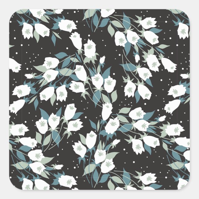Elegant Tulip Flower Pattern Black Background Square Sticker (Front)