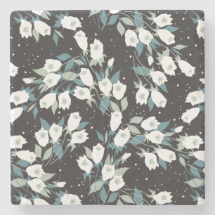 Elegant Tulip Flower Pattern Black Background Stone Coaster