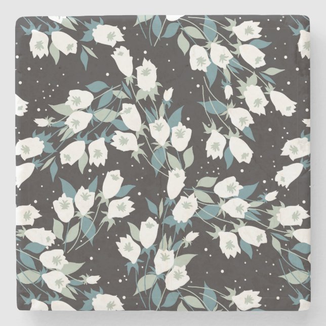 Elegant Tulip Flower Pattern Black Background Stone Coaster (Front)