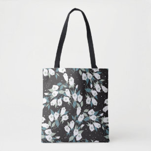 Elegant Tulip Flower Pattern Black Background Tote Bag