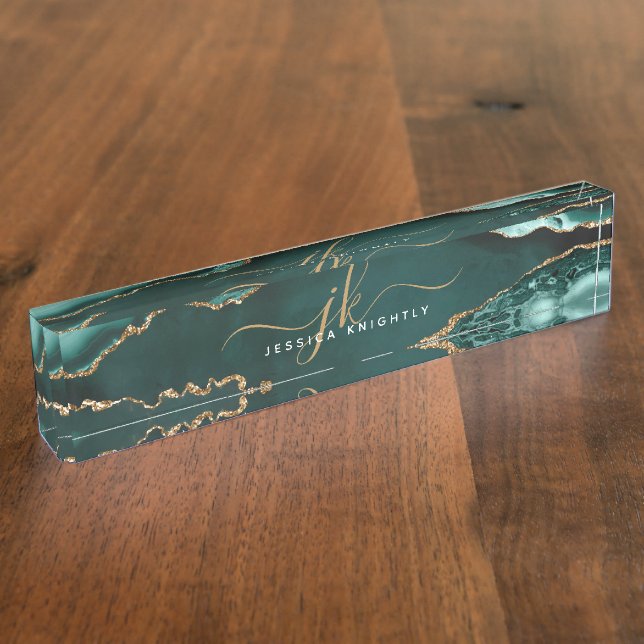 Elegant Turquoise Agate Gold Script Monogram Name Nameplate (Side)