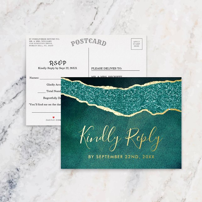 Elegant Turquoise Agate Wedding RSVP Real Foil Invitation Postcard (Creator Uploaded)