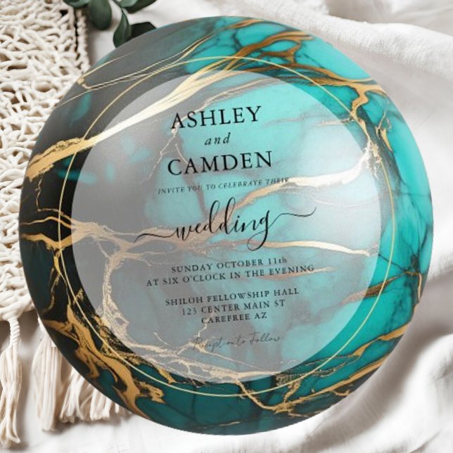 Elegant Turquoise and Gold Agate Wedding Invitation (Creator Uploaded)