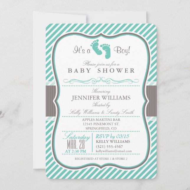 Elegant Turquoise and Taupe Baby Feet Baby Shower Invitation (Front)