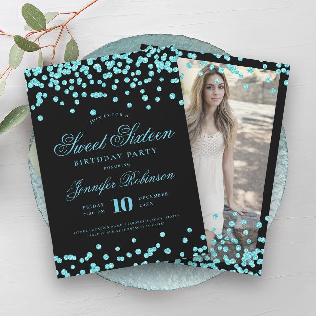 Elegant Turquoise Black Confetti Photo Sweet 16   Invitation (Elegant Turquoise Black Confetti Photo Sweet 16 Invitation)
