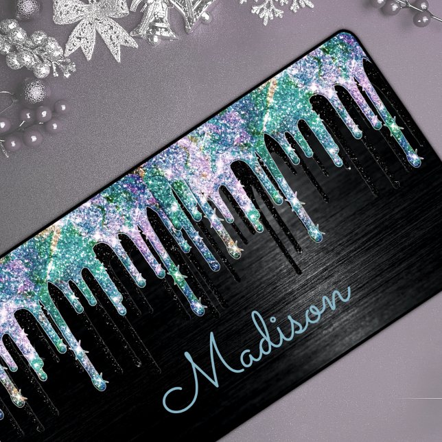 Elegant Turquoise black Unicorn Drips monogram Desk Mat (Creator Uploaded)