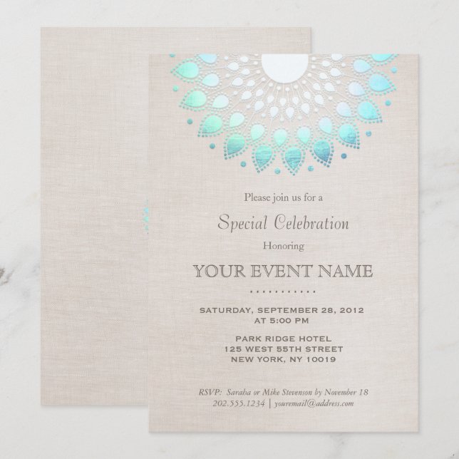 Elegant Turquoise Blue Beige Linen Look Invitation (Front/Back)