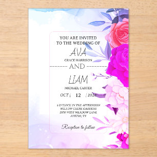 Elegant Turquoise Blue Floral Watercolor Wedding Acrylic Invitations